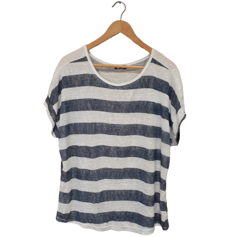 M Made in Italy Women's Size Large Striped Cotton Gauze Pullover Top Blue White